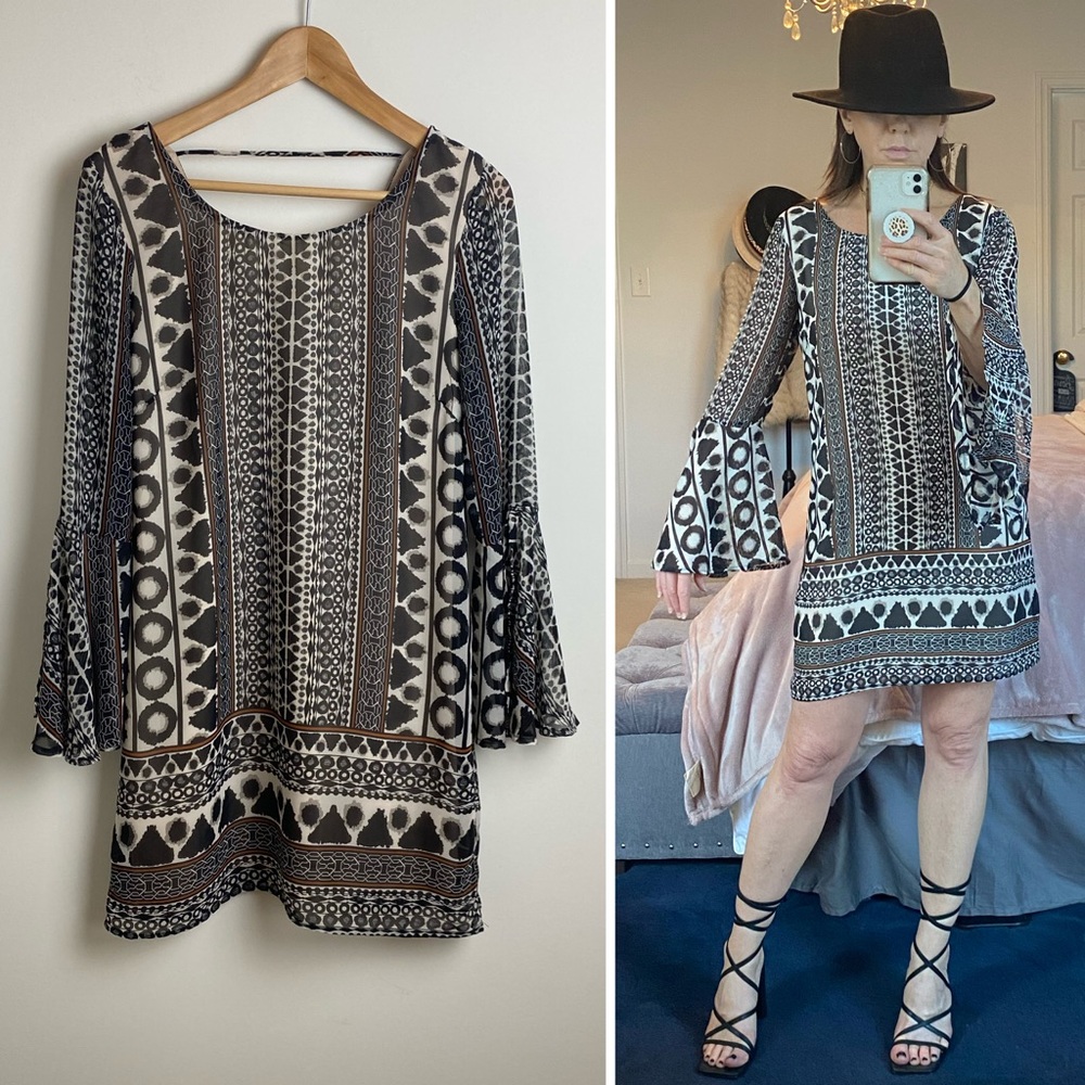 Boho Patterned Trumpet Sleeve Shift Dress Black, Brown, Cream SMALL